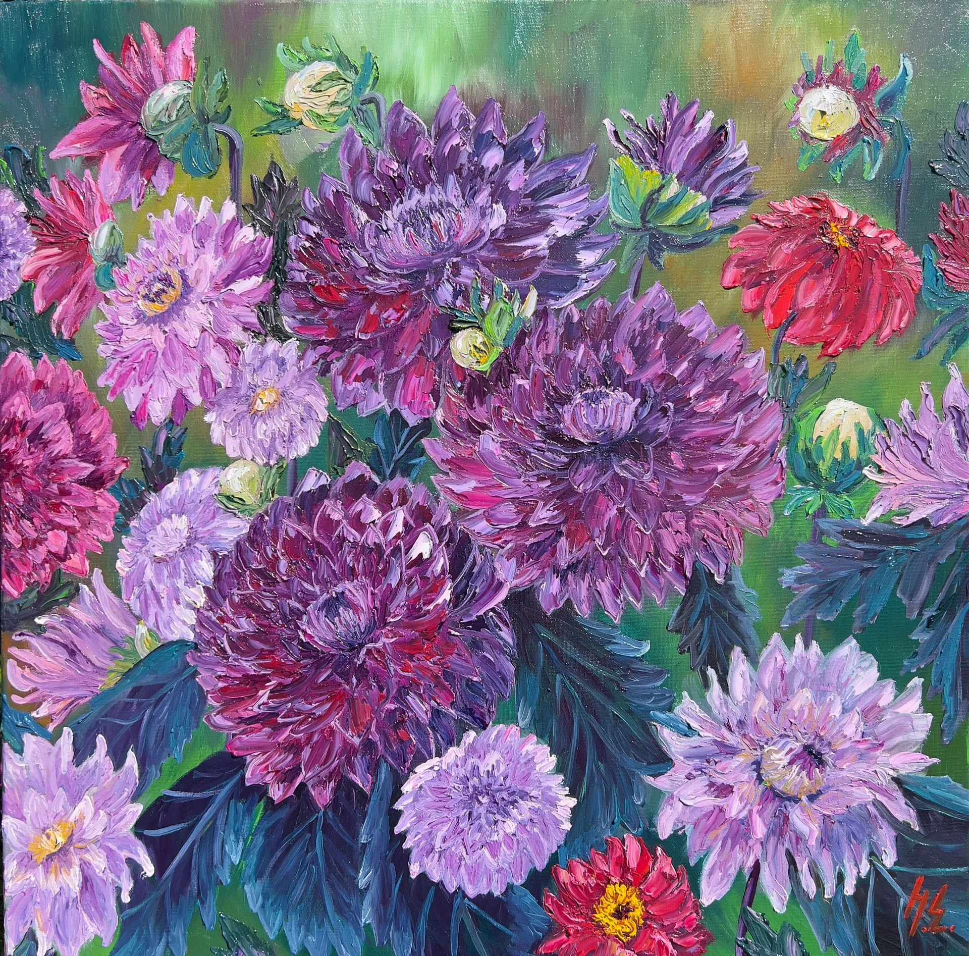 Георгины. Масло, холст, 60 × 60 см