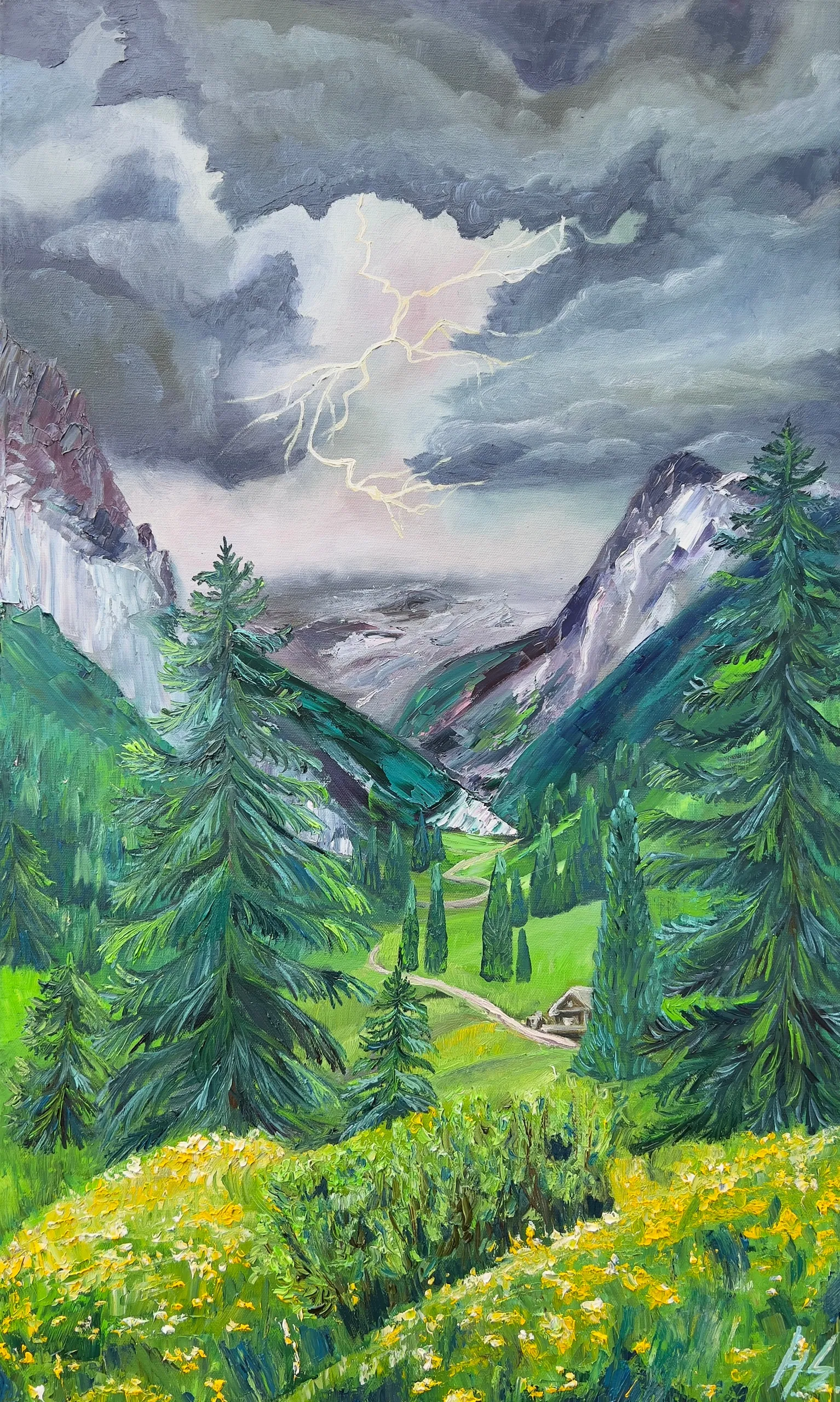 Гроза в горах. Масло, холст, 60 × 100 см
