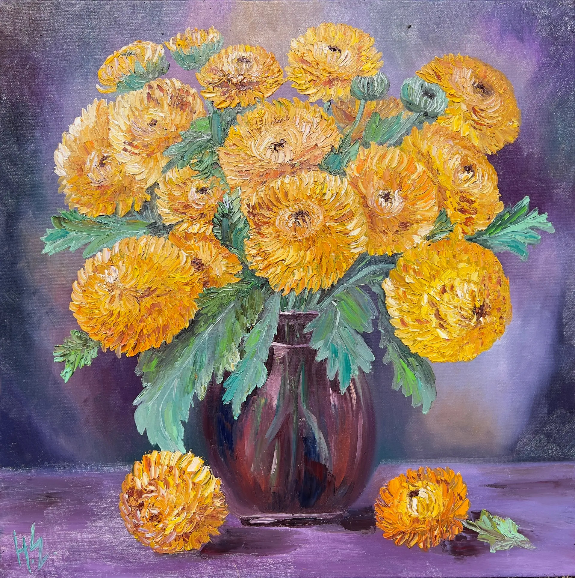 Хризантемы. Масло, холст, 60 × 60 см