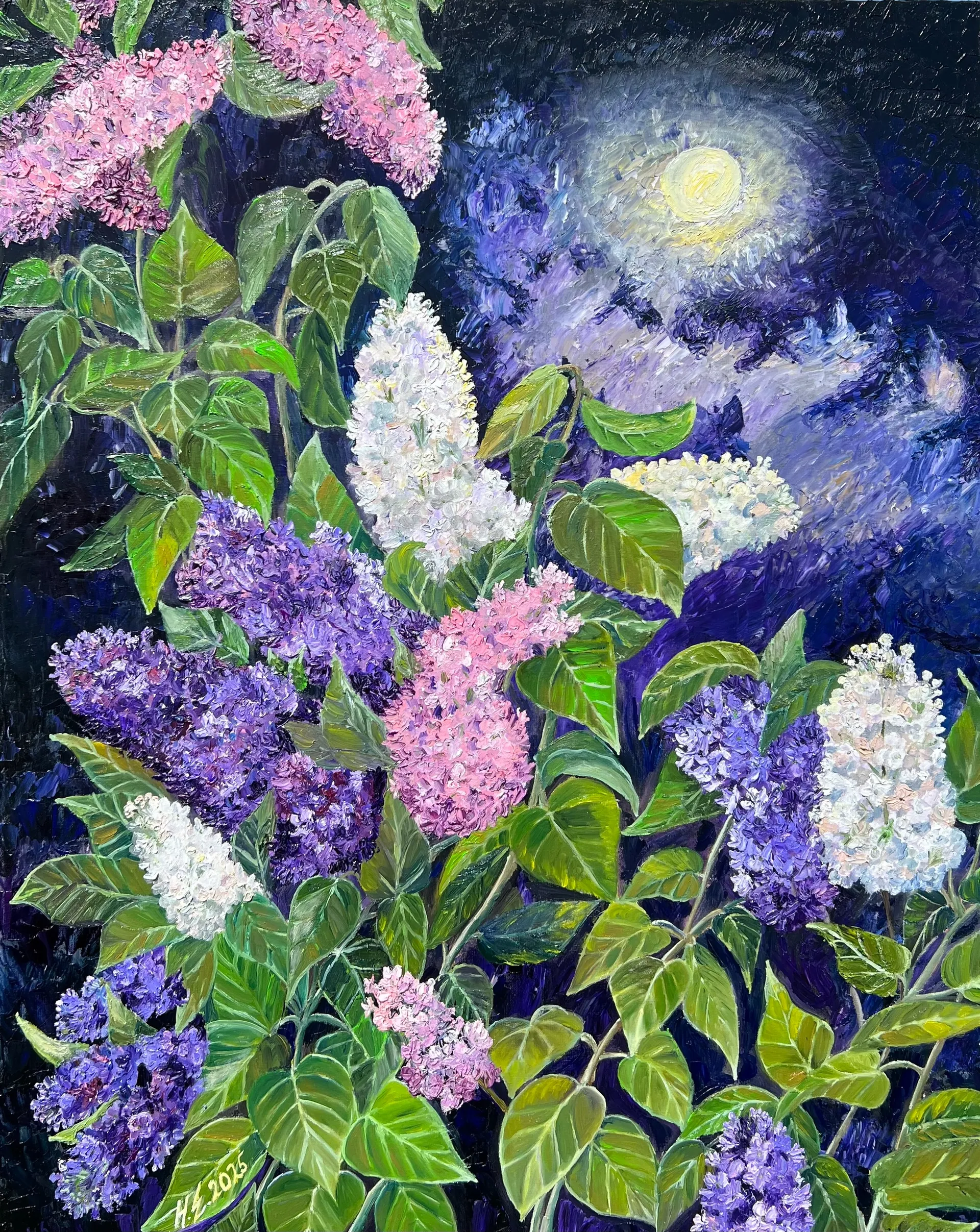 Сирень в полнолуние. Масло, холст, 80 × 100 см