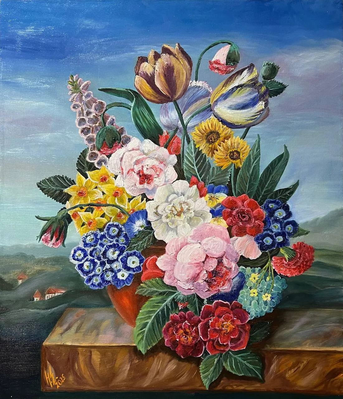 Цветы в вазе на фоне Тосканских холмов. Масло, холст, 60 × 70 см