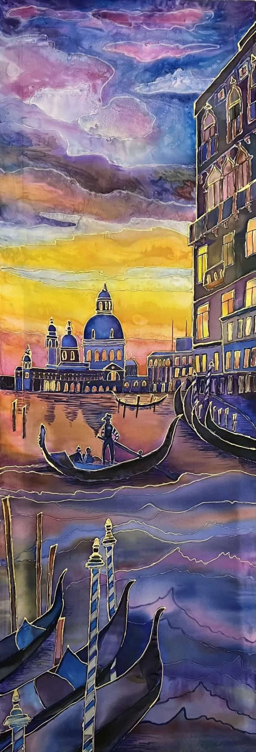 Венецианский закат. Холодный батик на шёлке, 45 × 130 см