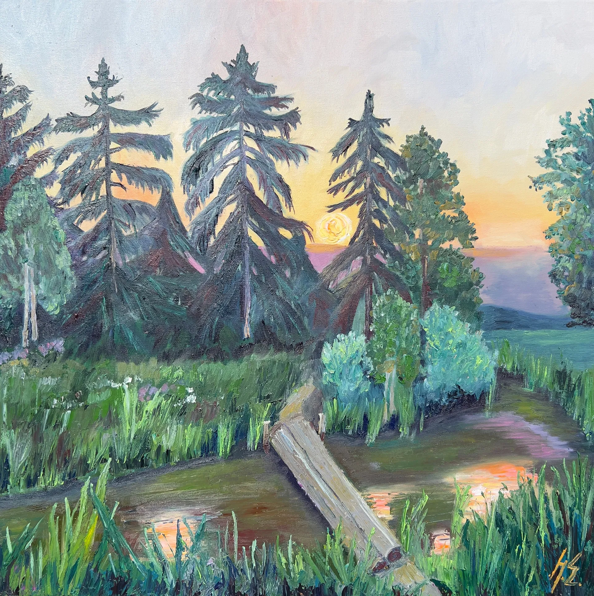 Закат в соснах. Масло, холст, 60 × 60 см