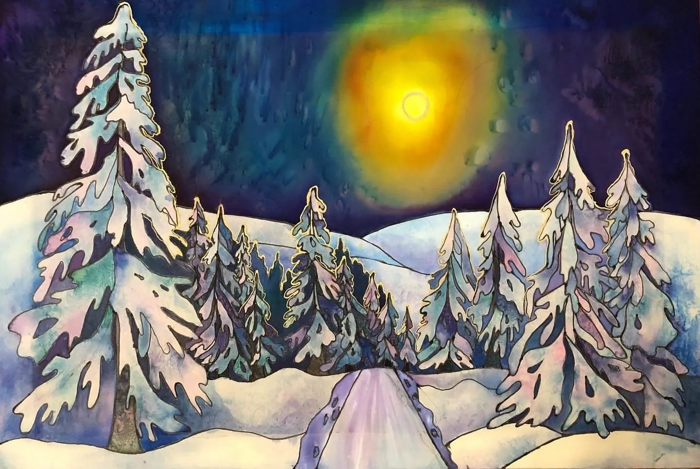 Зимняя ночь. Холодный батик на шёлке, 70 × 100 см